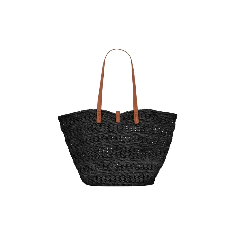 SAINT LAURENT Natural Woven Large Capacity Tote Bag Shopping Bag Handbag Medium Size Women's Black-2