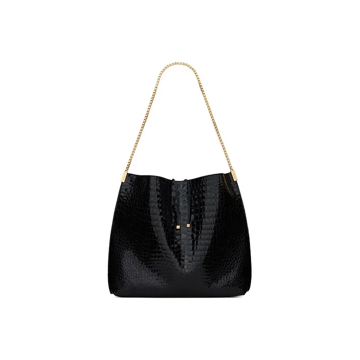 SAINT LAURENT Crocodile Pattern Stamped Leather Hobo Bag Shoulder Bag Crossbody Bag Medium Size Women's Black-1