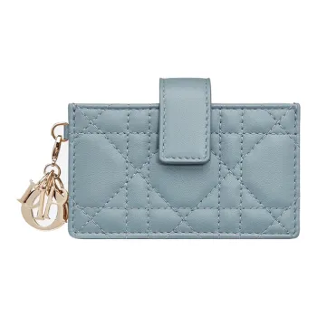 DIOR Lady Dior Wicker Pattern Sheepskin Card Holder Women's Light Blue