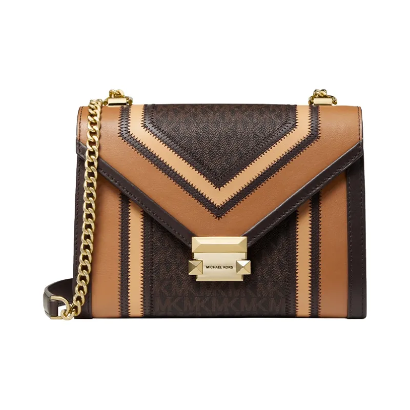 MICHAEL KORS Whitney Leather Envelope Bag Shoulder Bag Crossbody Bag Large Size Women's Dark Brown & Brown Monogram-3