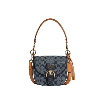COACH Kleo Canvas Cow Leather Patchwork Shoulder Bag Women's Dark Blue Monogram Color & Black
