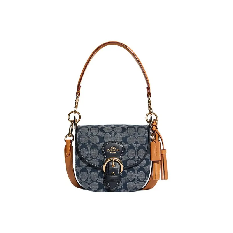COACH Kleo Canvas Cow Leather Patchwork Shoulder Bag Women's Dark Blue Monogram Color & Black-0
