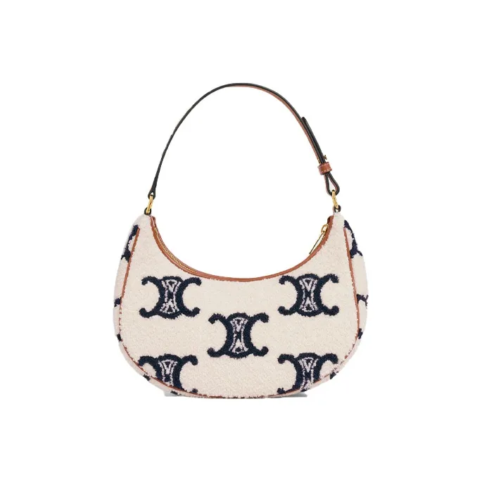 CELINE TriompheAVA Plush Fabric Shoulder Bag Handbags Women's Navy/Tan-2