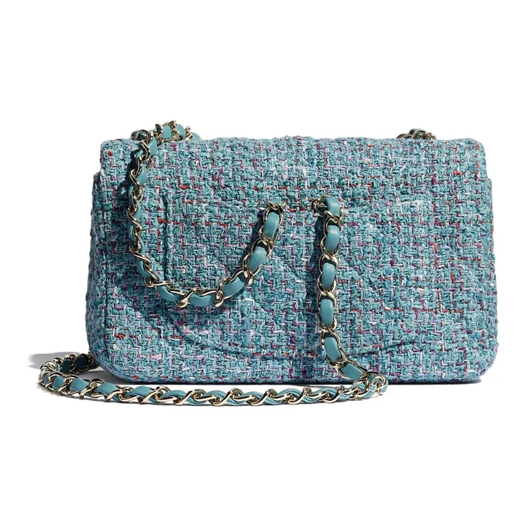 CHANEL Classic Flap CF Wool & Metal Mouth Cover Bag, Crossbody Bags, Shoulder Bags Mini Women's Turkish Blue & Silver-1