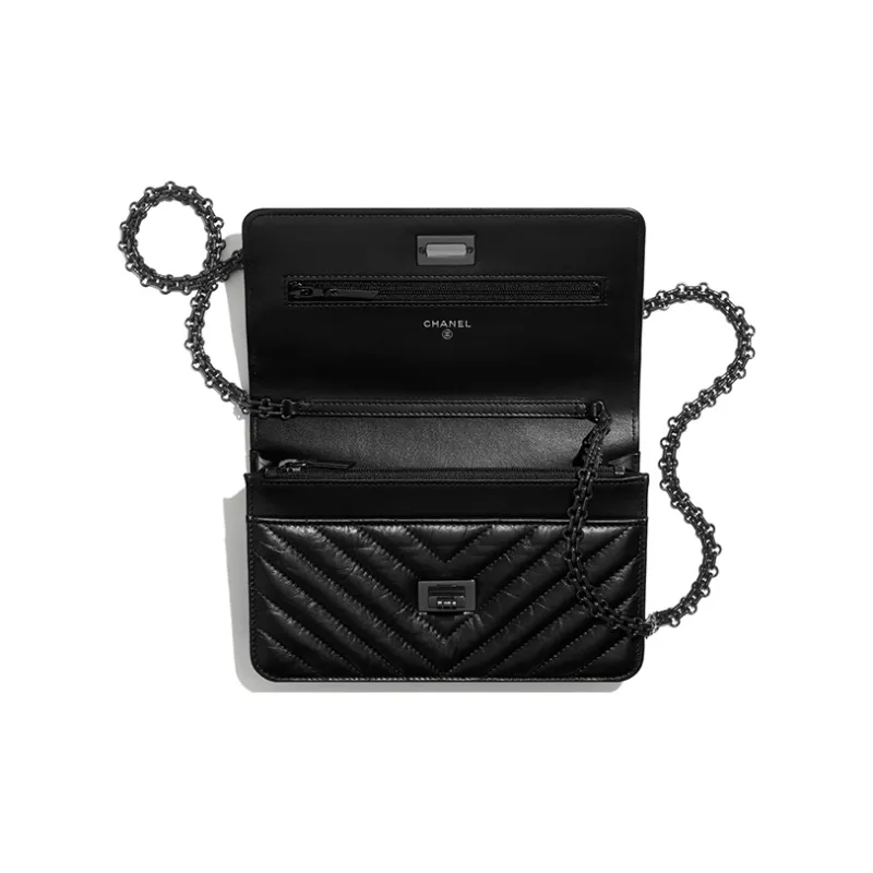 CHANEL Cow Leather Wallet, Shoulder Bag Women's Black-2