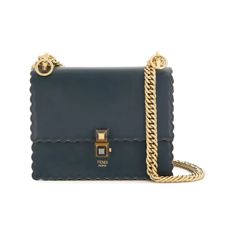 FENDI Kan I Leather Chain Shoulder Bag Crossbody Bag Small Size Women's Dark Blue/Navy Blue-0