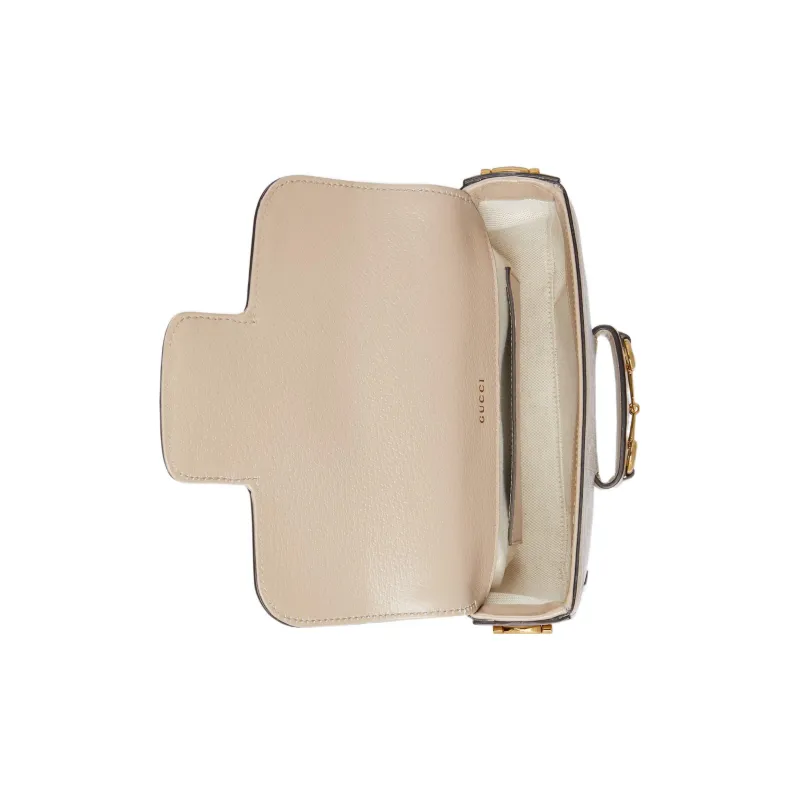 GUCCI Horsebit 1955 Canvas With Leather Saddle Bag, Shoulder Bag, Crossbody Bag Mini Women's Beige/White-4