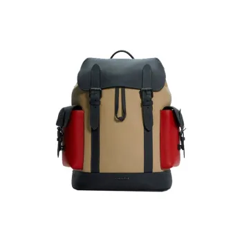 COACH Hudson Leather With Canvas Backpack Large Size Men's Khaki & Black Red