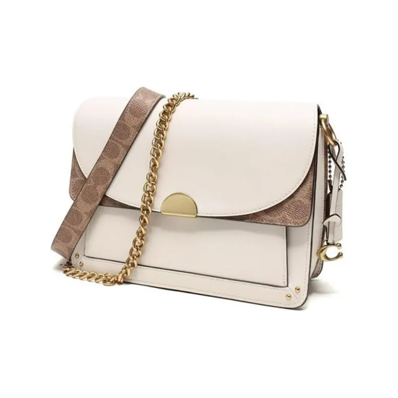 COACH Canvas With Leather One Shoulder Crossbody Chain Bag Large Size Women's White & Brown Monogram-1