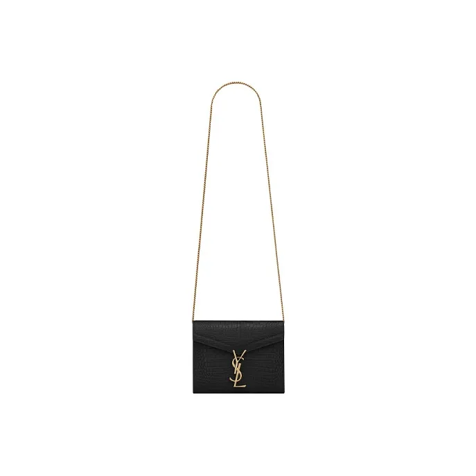 SAINT LAURENT Crocodile Embossed Bright Leather Chain Wallet, Envelope Bag, Crossbody Bag, Shoulder Bag Women's Black-1