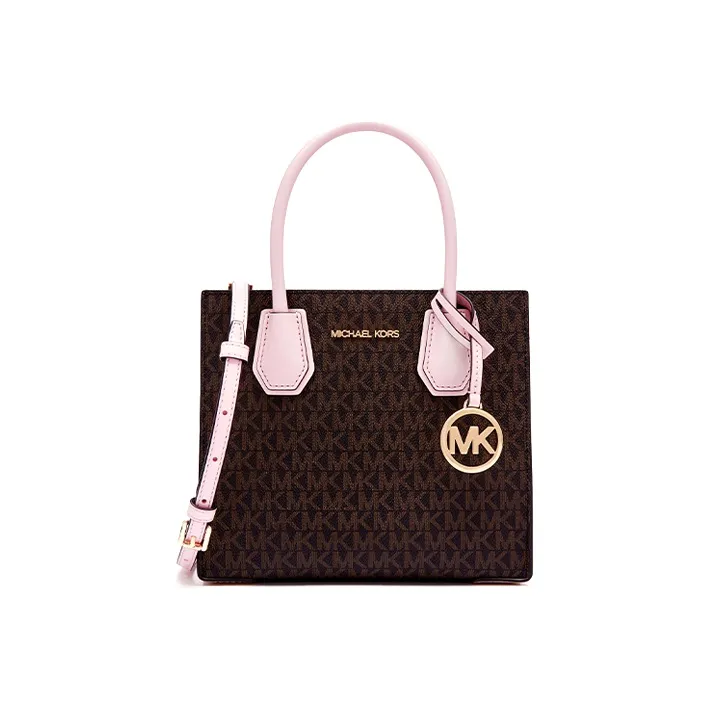 MICHAEL KORS Mercer Leather Trunk Bag, Shoulder Bag, Crossbody Bag, Handbag Medium Size Women's Brown & Pink-0