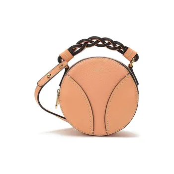 Chloe Cow Leather Small Round Bag, Portable Crossbody Bag, Shoulder Bag Mini Women's Peach Blossom Orange