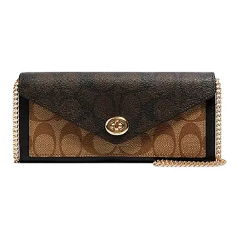 COACH Leather One Shoulder Crossbody Envelope Wallet Women's Black Brown Monogram