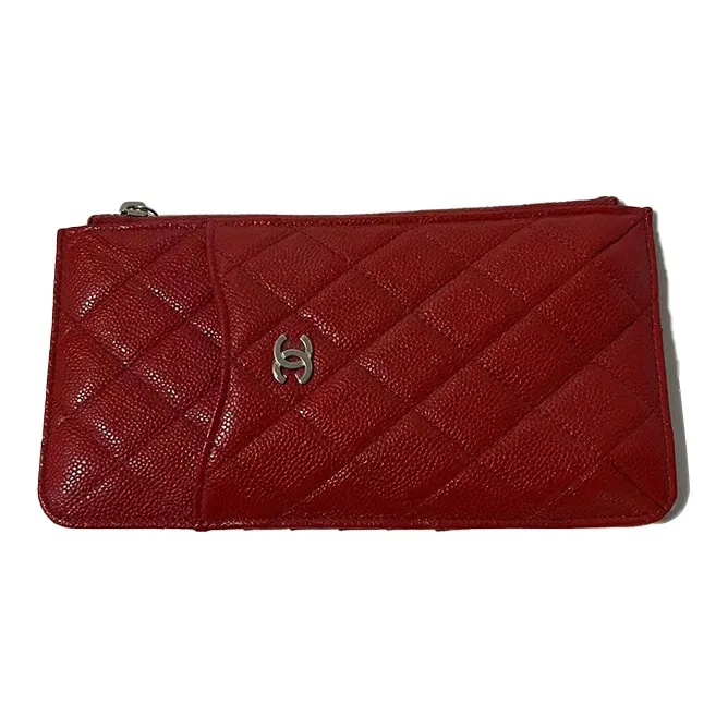 CHANEL Litchi Shinny Leather Calfskin Long Wallet Coin Purse Women's Red-0