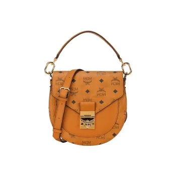 MCM Patricia Visetos Leather Trim Saddle Bag, Portable Crossbody Bag, Shoulder Bag Women's Brown/Cognac