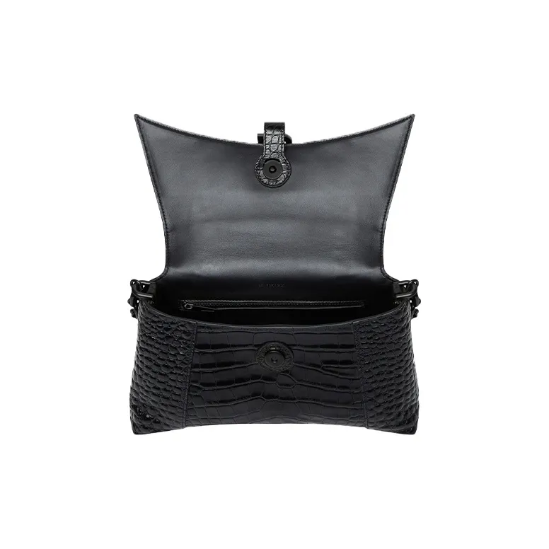 Balenciaga Supple Crocodile Pattern Embossed Cow Leather One Shoulder Handbag Crossbody Bag Small Size Women's Black-4
