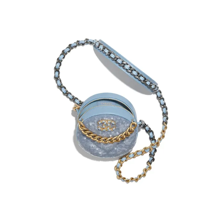 CHANEL 19Bag Sequins With Cow Leather Round Bag, Shoulder Bag Women's Sky Blue-1