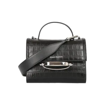 Alexander McQueen Crocodile Embossed Calfskin Handbag, Shoulder Bag, Crossbody Bag Women's Black