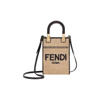 FENDI Sunshine Straw Cow Leather Tote Bag Shoulder Bag Crossbody Bag Handbag Mini Women's Khaki