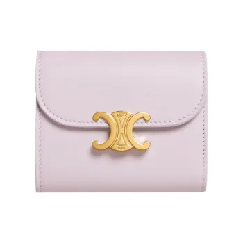 CELINE Triomphe Shiny Smooth Lambskin Suede Flap Card Holder Wallet Small Size Women's Light Pink