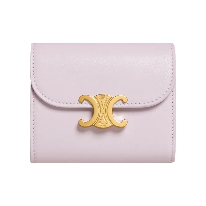 CELINE Triomphe Shiny Smooth Lambskin Suede Flap Card Holder Wallet Small Size Women's Light Pink-0