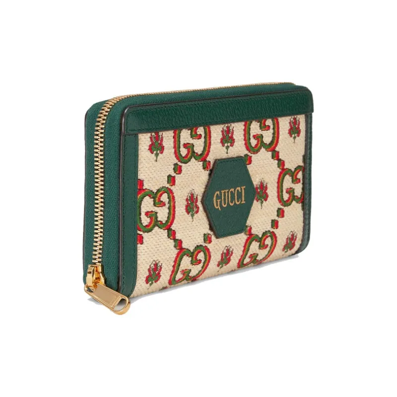 GUCCI Leather Long Zip Closure Wallets Unisex Beige/Green-2