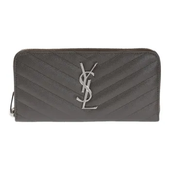 SAINT LAURENT YSL Monogram Quilting Leather Long Zip Closure Wallet Clutch Women's Gray