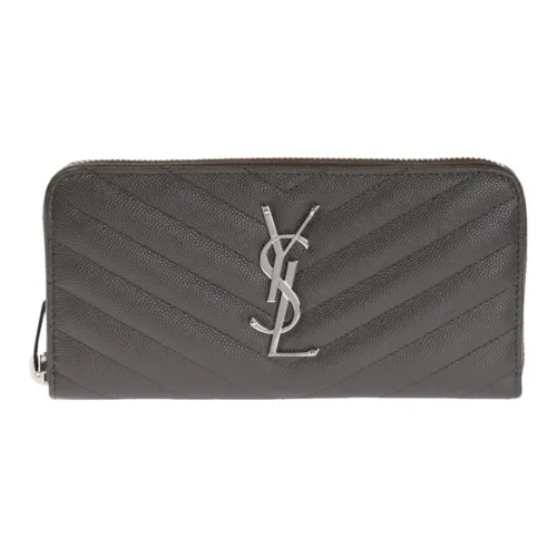 SAINT LAURENT YSL Monogram Quilting Leather Long Zip Closure Wallet Clutch Women's Gray