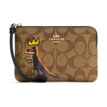COACH Basquiat Collaboration Leather Handheld Wrist Wallet Small Size Women's Khaki