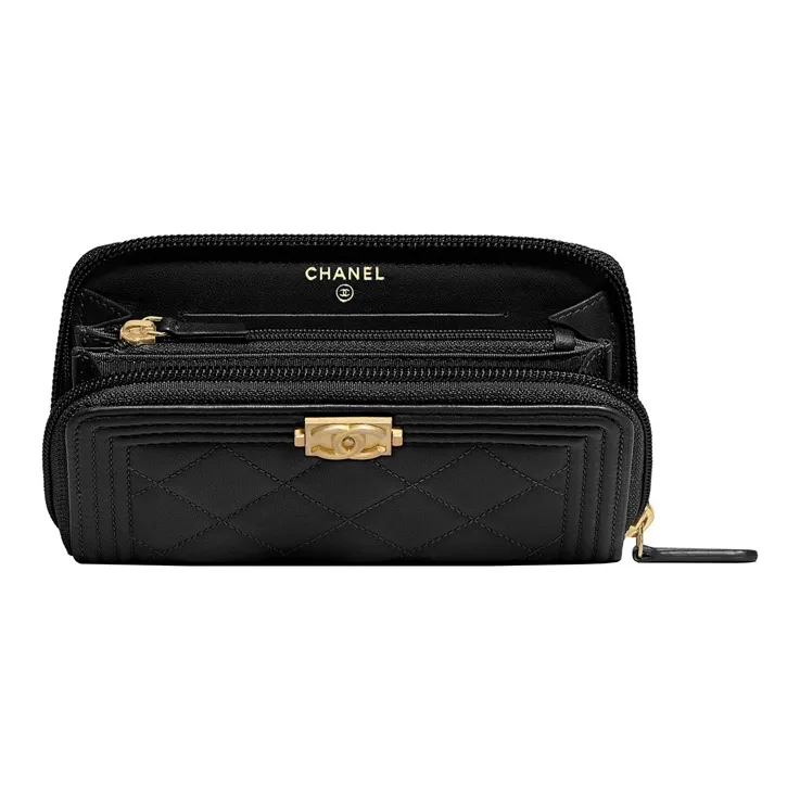 CHANEL Leboy Sheepskin Zip Closure Wallet Women's Black-2