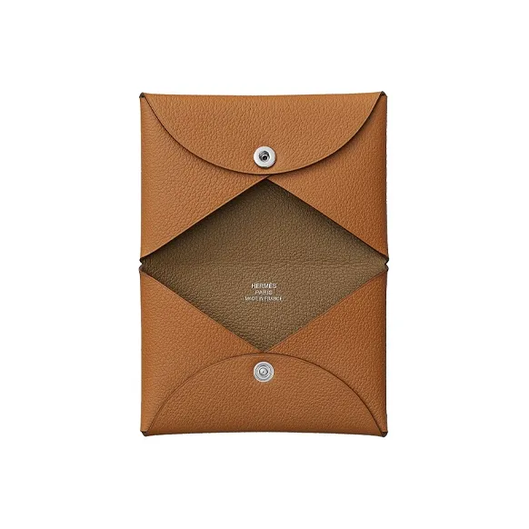 HERMES Calvi Evercolor Calfskin Business Card Holder Card Case Women's Gold Brown-1
