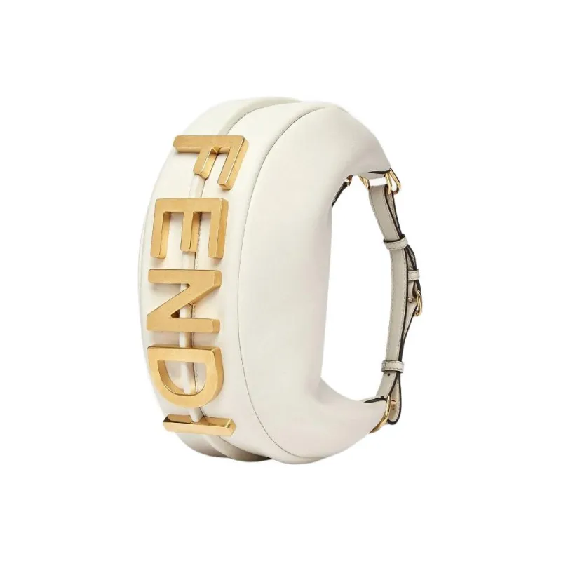 FENDI Fendigraphy Cow Leather Crescent Bag, Shoulder Bag, Handbag Trumpets Women's White-2