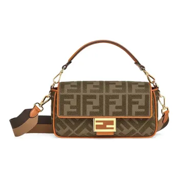 FENDI Baguette Canvas With Leather Baguette Bag Crossbody Bag Handbag Shoulder Bag Medium Size Women's Dark Green/Brown