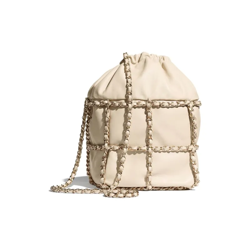 CHANEL Drawstring Lambskin Bucket Bag, Portable Crossbody Bag, Shoulder Bag Women's Beige-2