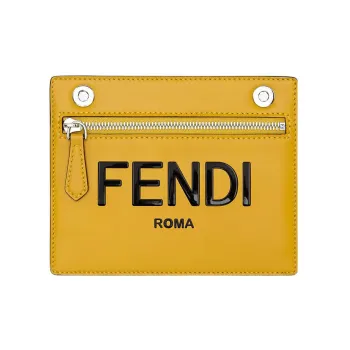 FENDI Calfskin Card Clip Card Holder Men's Yellow/Brown