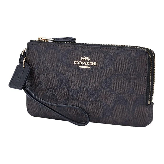 COACH Corner Zip Monogram Canvas With Leather Pochette Wrist Bag Clutch Mini Women's Black Brown-1