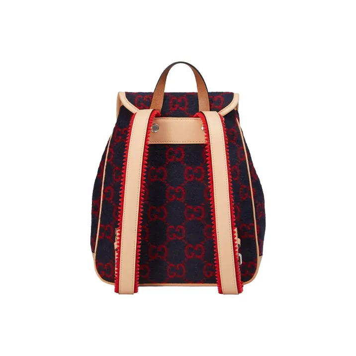 GUCCI Wool Patchwork Leather Backpack Kids' Dark Blue/Red/Beige-2