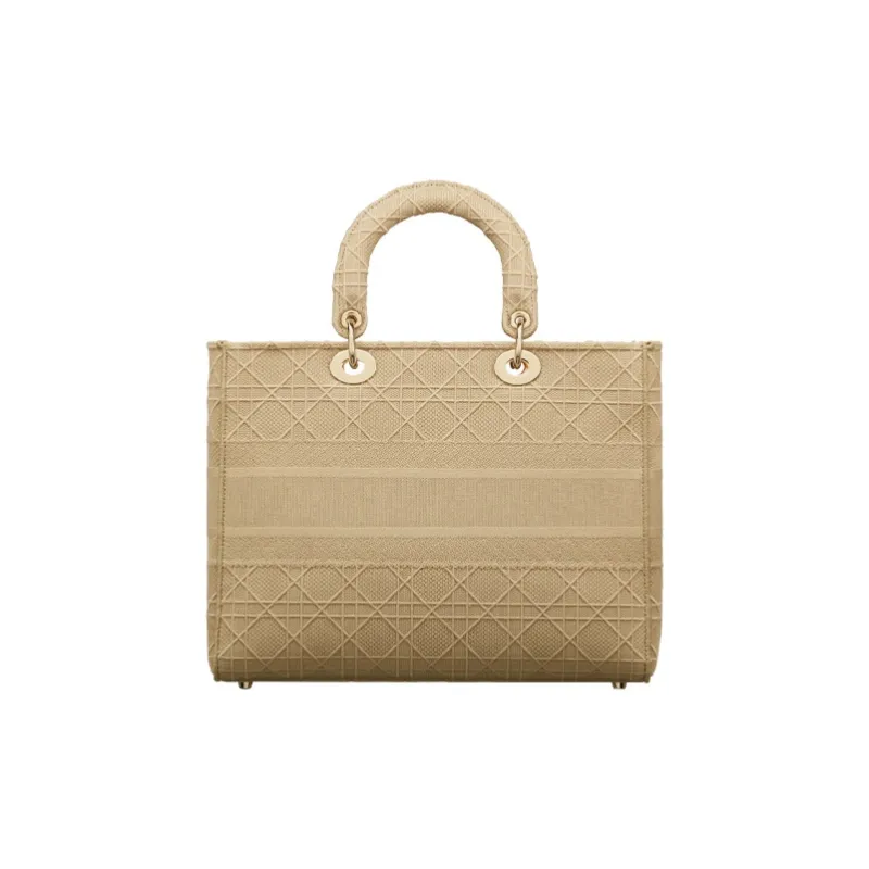 DIOR Lady D-Lite Cotton Handbag Shoulder Bag Crossbody Bag Large Size Women's Beige-2