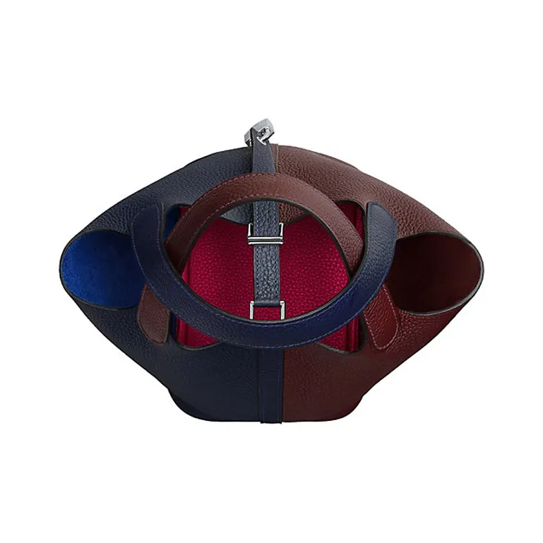 HERMES Picotin Lock Little Bull Leather Bucket Bag Handbag Women's Midnight Blue & Saddle Equipment Red & Raspberry Red-2