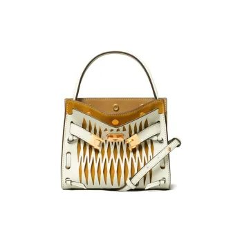 TORY BURCH Lee Radziwill Suede With Leather Shoulder Bag, Crossbody Bag Small Size Women's White Yellow