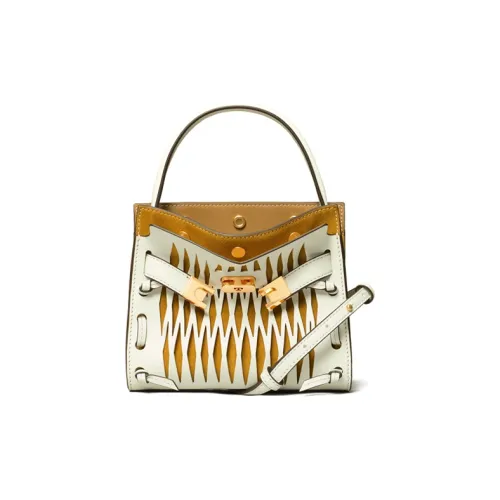 TORY BURCH Lee Radziwill Suede With Leather Shoulder Bag, Crossbody Bag Small Size Women's White Yellow