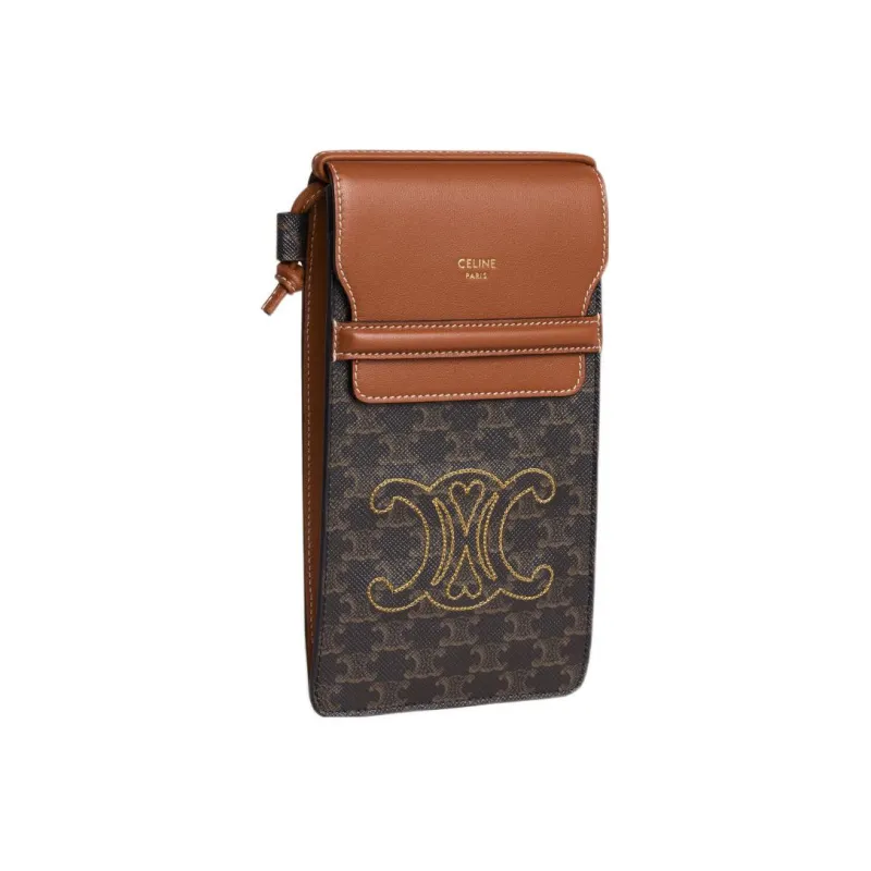 CELINE Triomphe Leather Shoulder Bag Crossbody Bag With Cell Phone Pouch Women's Tawny-2
