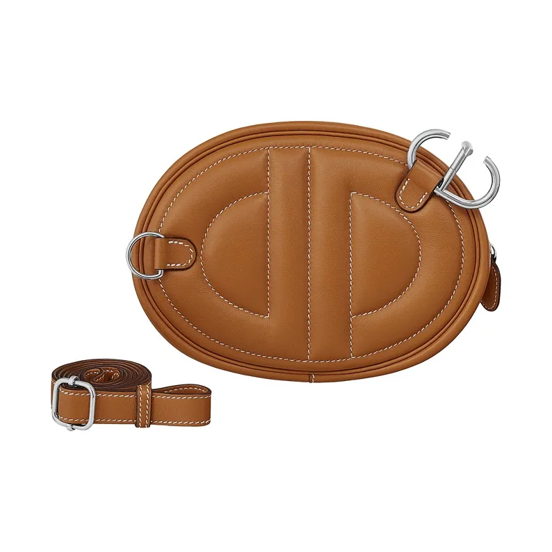 HERMES Cow Leather Crossbody Bag, Fanny Pack Unisex Gold Brown-1