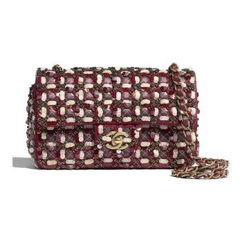 CHANEL Satin Sequin Glass Pearl Flap Bag Regular Women's Pink & White