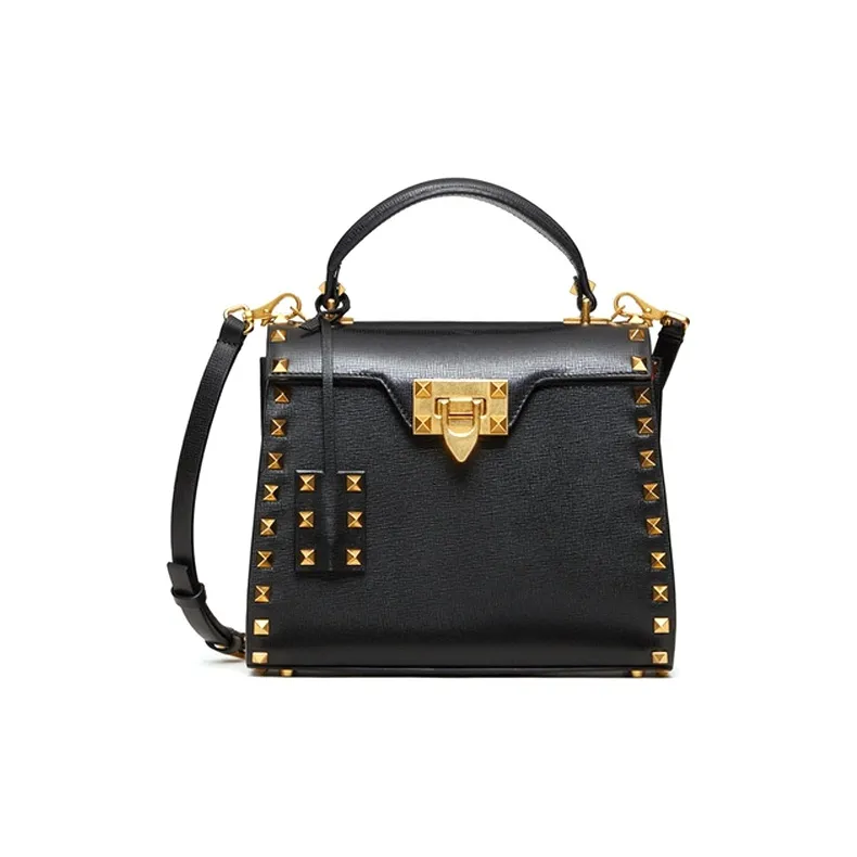 Valentino Rockstud Alcove Grained Calfskin Shoulder Bag Crossbody Bag Handbag Women's Black-0