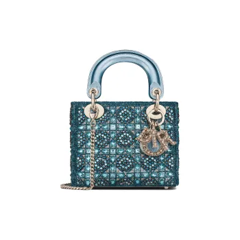 DIOR Lady Dior Metallic Calfskin And Satin Chain Handbag, Shoulder Bag, Crossbody Bag Mini Women's Klein Blue