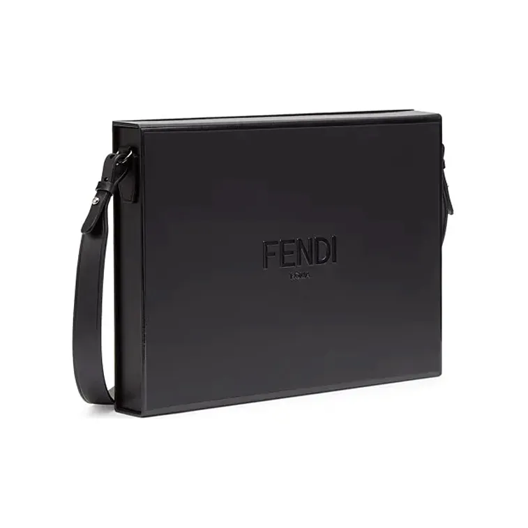 FENDI Smooth Calf Leather Briefcase Messenger Bag Shoulder Bag Crossbody Bag Men's Black-1