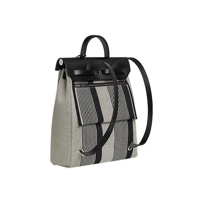 HERMES Herbag Zip Canvas With Leather Backpack Unisex Black & Beige & Light Beige-2
