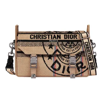 DIOR DiorCamp Jute Canvas Embroidery Canvas Bag Messenger Bag Shoulder Bag Crossbody Bag Small Size Unisex Beige