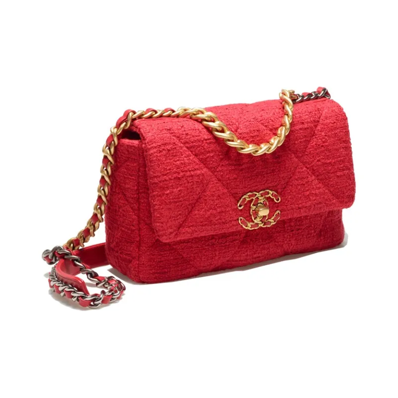 CHANEL 19Bag Tweed Handbag, Shoulder Bag Women's Red-1